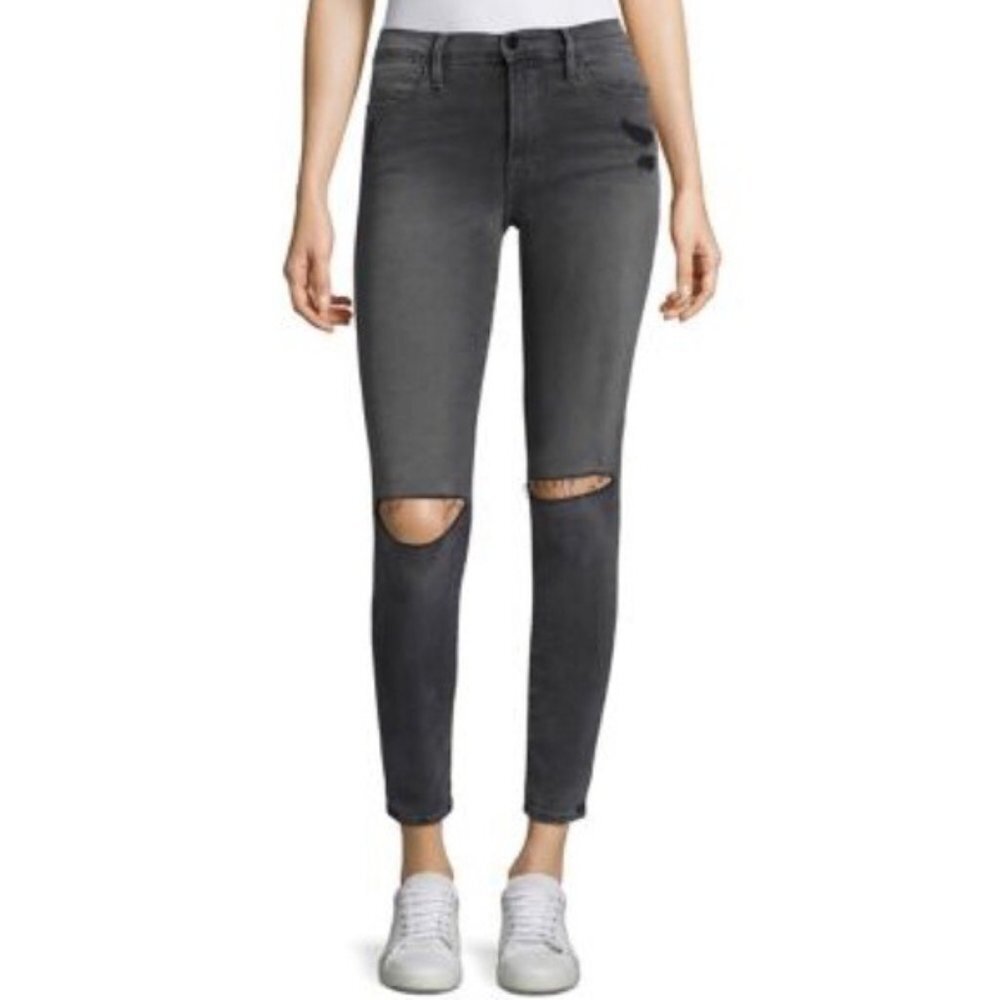 Frame Skinny Jeans Distressed Knees High Rise Grey Size 28